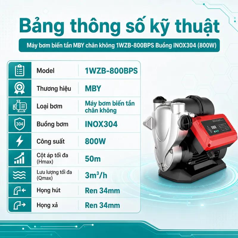 Máy bơm biến tần MBY chân không 1WZB-800BPS Buồng INOX304 (800W)
