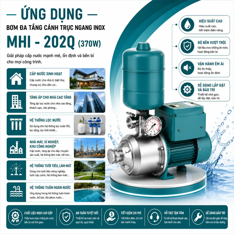 Bơm Ly Tâm Trục Ngang Đa Tầng Cánh Inox MHI-202Q (370W - 380V)