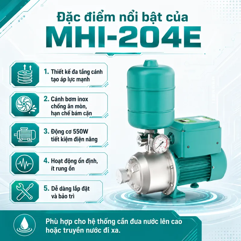 Bơm Ly Tâm Trục Ngang Đa Tầng Cánh Inox MHI-204E (550W)