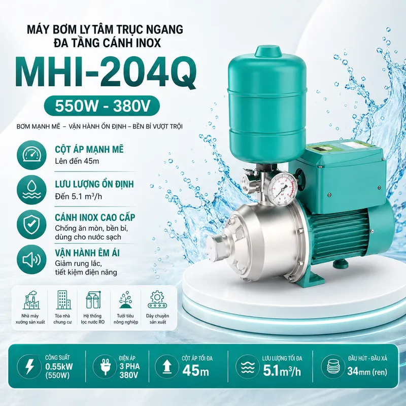 Máy Bơm Ly Tâm Trục Ngang Đa Tầng Cánh Inox MHI-204Q (550W - 380V)