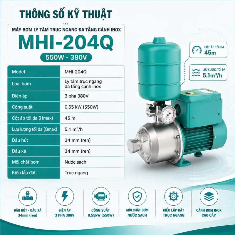 Máy Bơm Ly Tâm Trục Ngang Đa Tầng Cánh Inox MHI-204Q (550W - 380V)