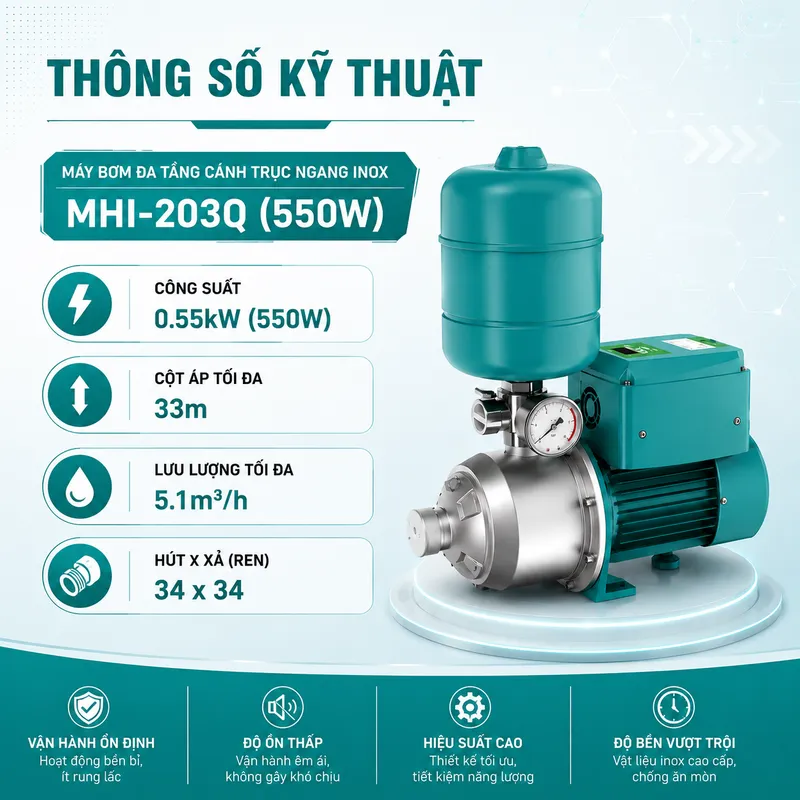 Máy Bơm Ly Tâm Trục Ngang Đa Tầng Cánh Inox MHI-203Q (550W)