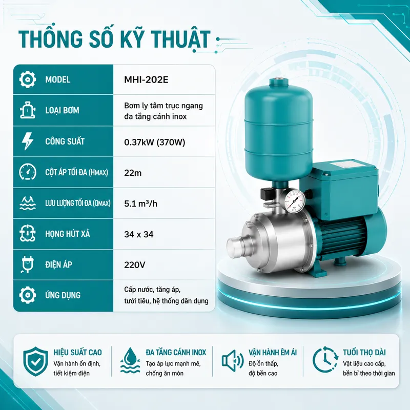 Máy Bơm Ly Tâm Trục Ngang Đa Tầng Cánh Inox MHI-202E (370W)