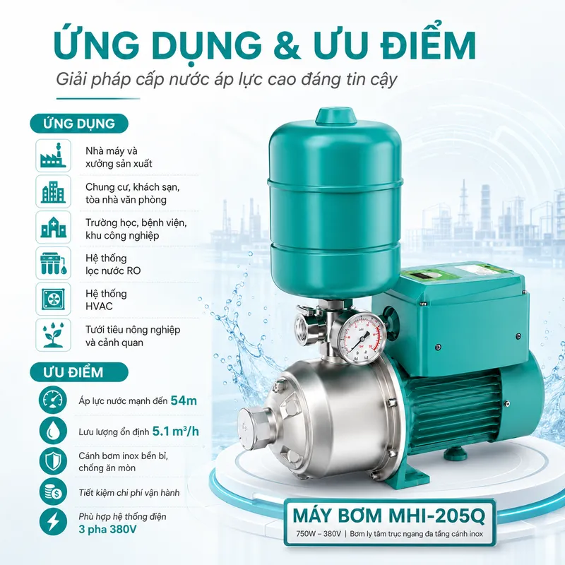 Máy Bơm Ly Tâm Trục Ngang Đa Tầng Cánh Inox MHI-205Q (750W - 380V)