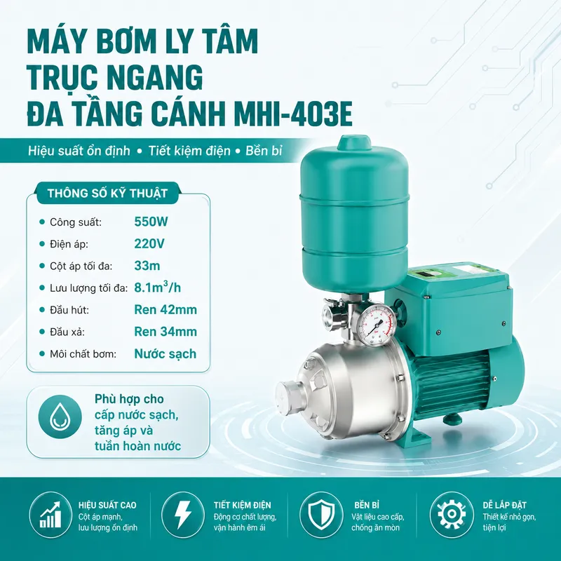 Máy Bơm Ly Tâm Trục Ngang Đa Tầng Cánh MHI-403E (550W)