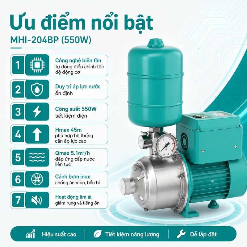 Máy bơm biến tần đa tầng cánh inox MHI-204BP (550W)