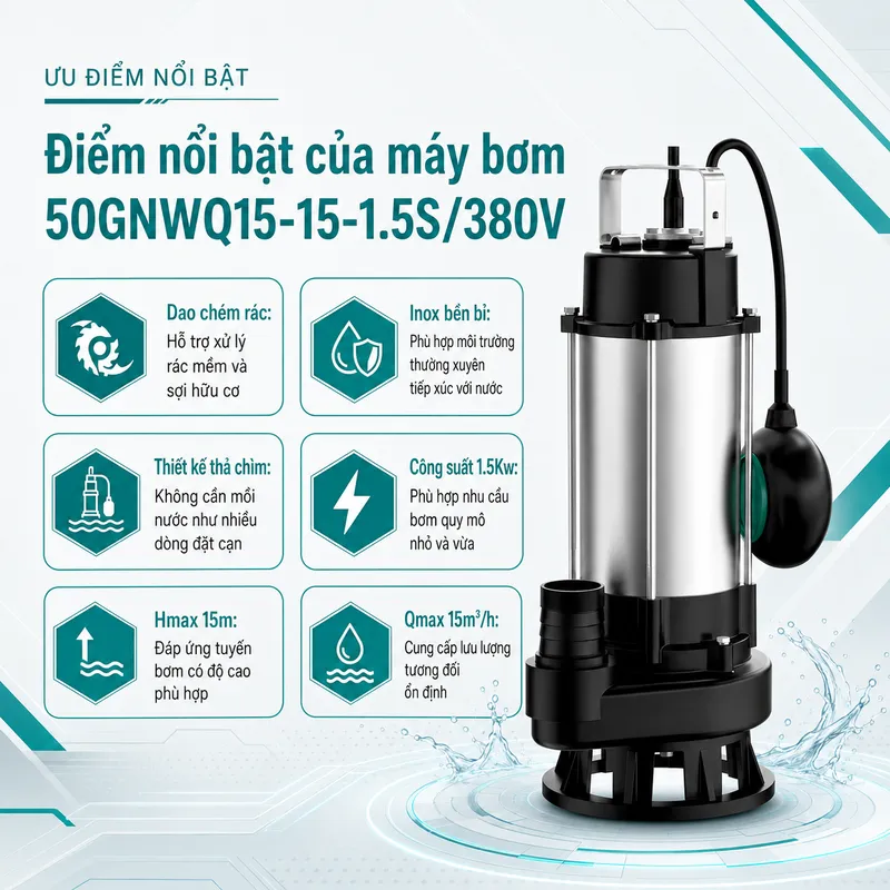 Máy bơm thả chìm MBY dao chém rác Inox 50GNWQ15-15-1.5S/380V