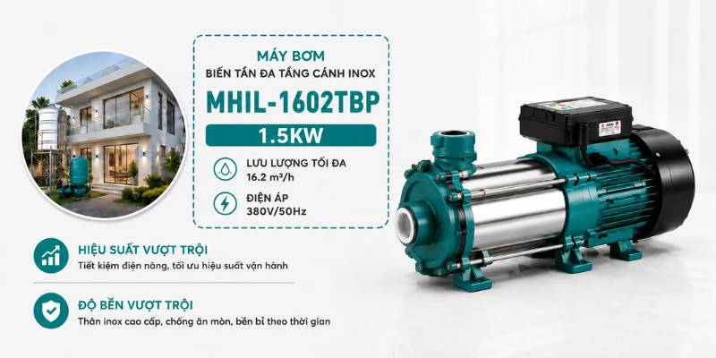 Máy bơm biến tần đa tầng cánh inox MHIL-1602TBP được thiết kế với thân inox cao cấp 