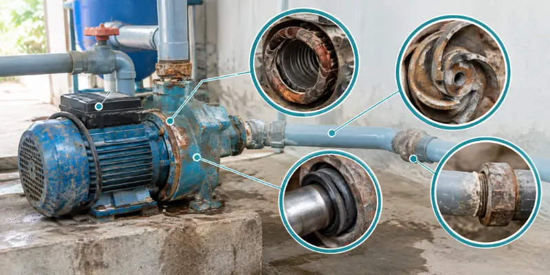 Các bộ phận máy bơm xuống cấp sau thời gian dài sử dụng.