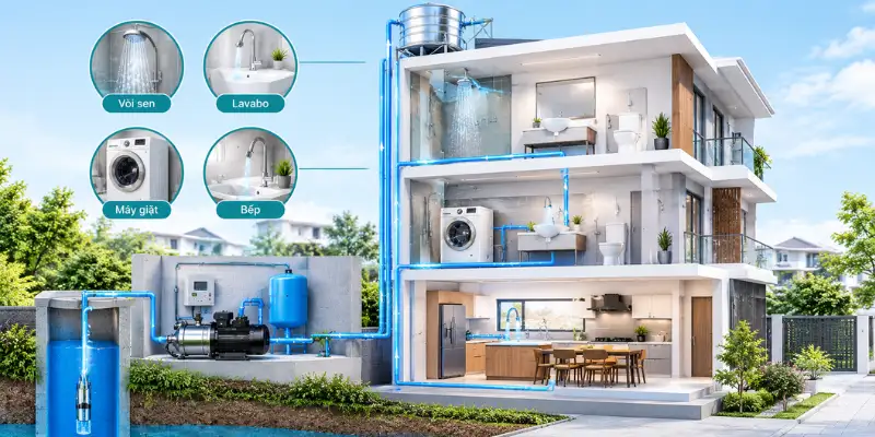 Hệ thống máy bơm tăng áp biến tần cấp nước cho nhà 3 tầng
