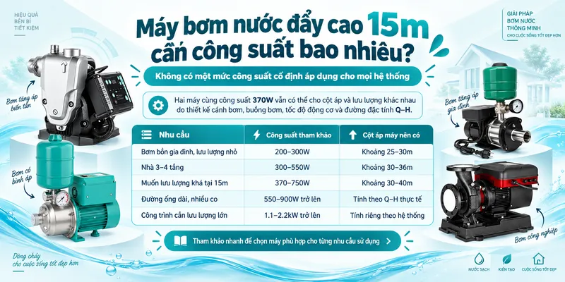 Công suất máy bơm nước đẩy cao 15m